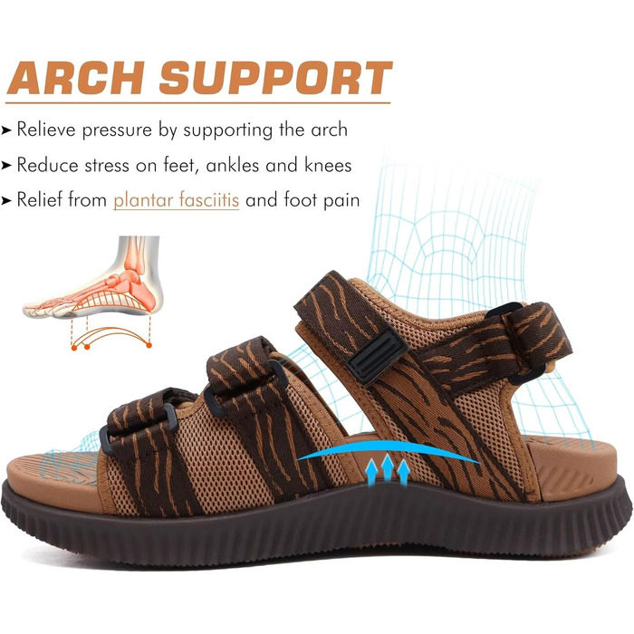 Чоловічі трекінгові сандалії KuaiLu: зручні, ортопедичні, для підтримки стопи при фасціїтусі, для активного відпочинку, літні, легкі, з відкритими пальцями, з регульованою застібкою-липучкою, розмір 48 EU, хакі-коричневі