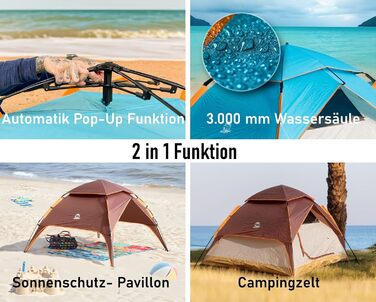 Намет для кемпінгу Pop-Up 3-4 особи 2 в 1: намет та павільйон – двошаровий, водонепроникний, вітростійкий, з флуоресцентними відтяжками, посиленими кілочками, у комплекті сумка. Колір: блакитний / бежевий