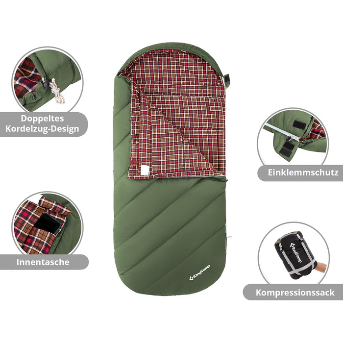 Сплячий мішок KingCamp Freespace 250 Winter -8°C, широкий, з бавовни, оливковий