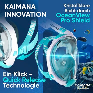 Маска для снорклінгу KAIMANA® повного обличчя: для дорослих та дітей, безпечна від CO2, з сумкою, бірюзова