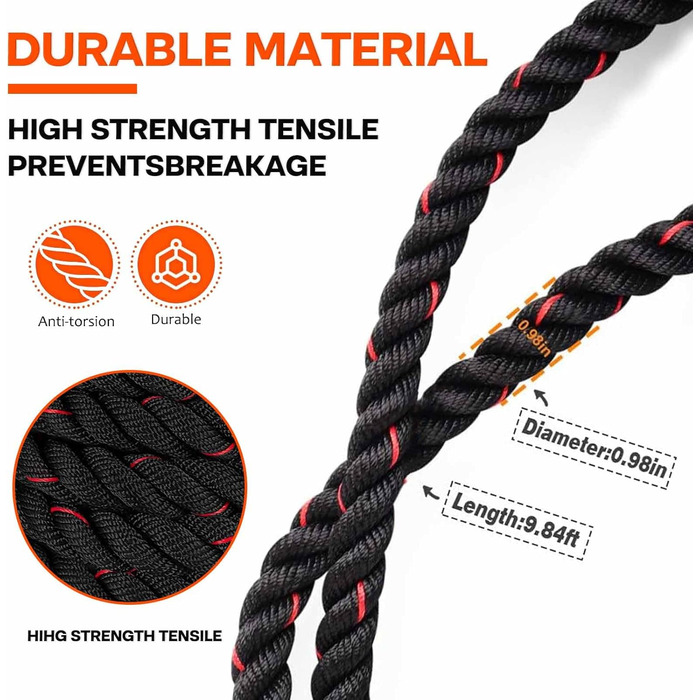 Важкий скакальний трос, фітнес-канат, бойові троси, 280 см / 0,6 кг, вага 280 см / 0,6 кг, тренувальний трос з ручками для розвитку сили, м'язів та загальної фізичної форми (Чорний/Червоний)
