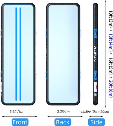 ALIFUN Килимок для гімнастики надувний, 2м/3м/4м/6м, 10/20см, з насосом, для дому, фітнесу, тренувань, черлідингу, басейну (чорний/синій, 200х100х10см)