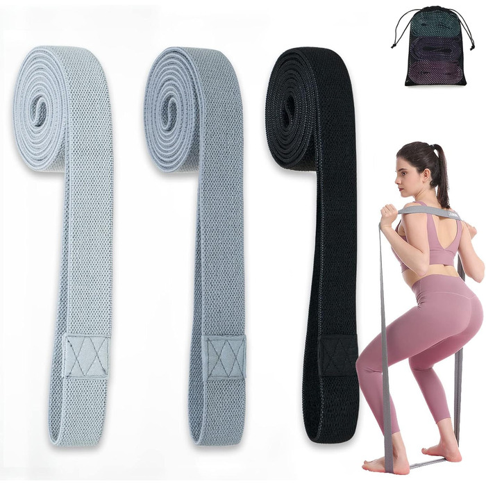 Стрічки для фітнесу з тканини, тренувальні стрічки для пілатесу, набір 3 шт. Стійкі до ковзання, спортивні стрічки для фітнесу, силові тренування, стрічки опору, сірі, темно-сірі, чорні