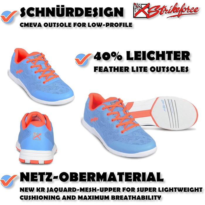Кросівки для боулінгу KR Strikeforce з шнурівкою, двостороння підошва, спортивний дизайн, кольорові, 36 EU, блакитний/оранжевий