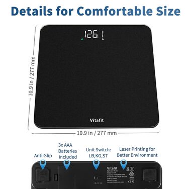Розумні електронні ваги Vitafit з Bluetooth та визначенням BMI, смарт-ваги для контролю ваги та складу тіла з додатком, протиковзна платформа, сріблясто-чорні