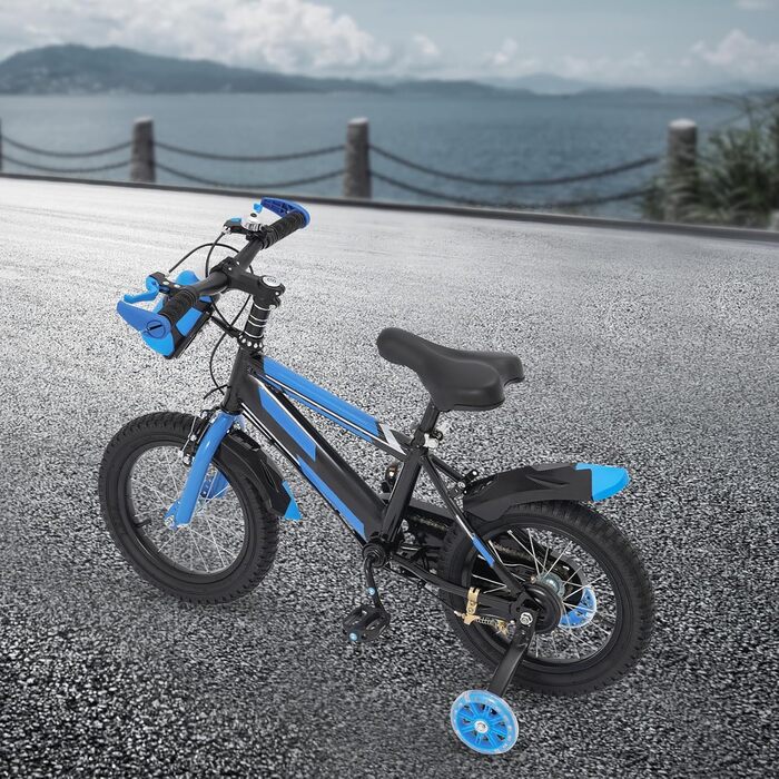 Дитяче велосипед 14 дюймів для хлопчиків та дівчаток з додатковими колесами та пляшкою для води, від 3 років, з двома гальмами, регульоване по висоті, міцний та стабільний