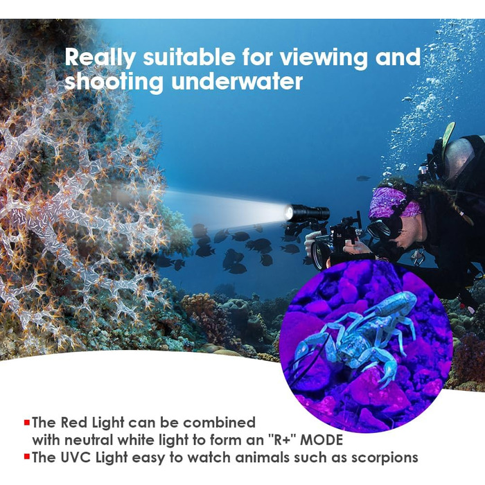 Willcrew DX70: Потужний водонепроникний дайверський ліхтар з регулюванням яскравості та UV/Red світлом, 3000 люменів, 100 метрів, для дайвінгу та фото/відео зйомки під водою