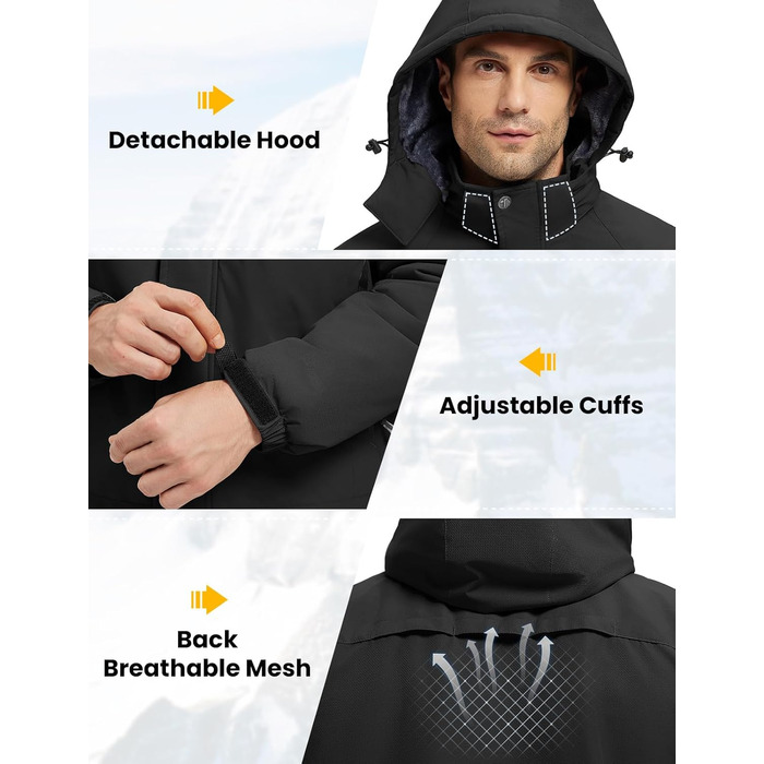 Чоловіча лижна куртка Rdruko, водонепроникна, з утепленим флісом, капюшон, для активного відпочинку в горах (чорний, S)