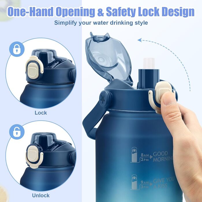 Спортивна пляшка для води MOMSIV 2L з трубочкою та відсіком для фруктів, з позначками часу, чорна (блакитно-зелена), BPA-Free