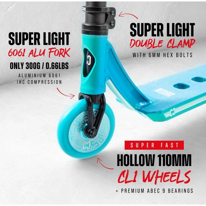 Трюковий самокат CORE Stunt Scooter 110mm, ABEC 9, для початківців та профі, 78-96 см, + стікер Fantic26 (Park CL1, бірюзовий)