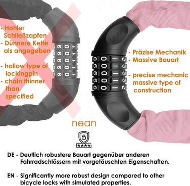 Велосипедне замкeць Nean з кодом та високим рівнем безпеки, 6 мм x 900 мм, рожевий
