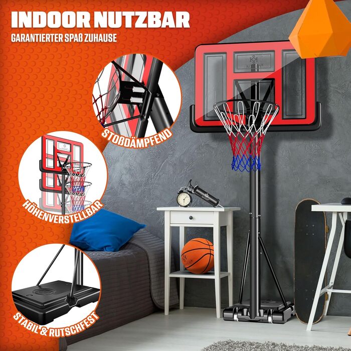 Баскетбольний кошик KESSER® Outdoor зі стійкою та колесами. В комплекті: 2 сітки, м'яч та насос. Регульована висота 230-305 см. Підходить для дітей та дорослих (червоний)