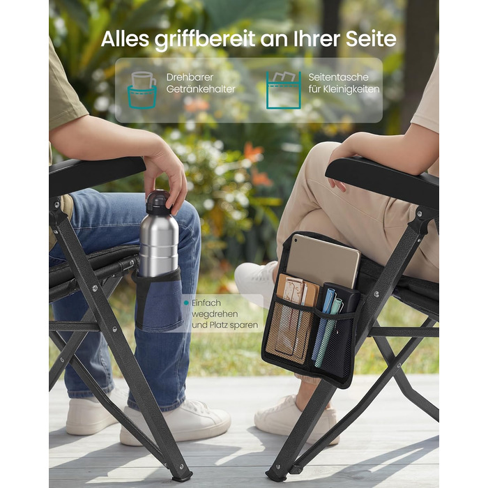 Складний туристичний стілець SONGMICS для відпочинку та риболовлі, чорний, з регульованою спинкою 95°-150°, з підстаканником та кишенею