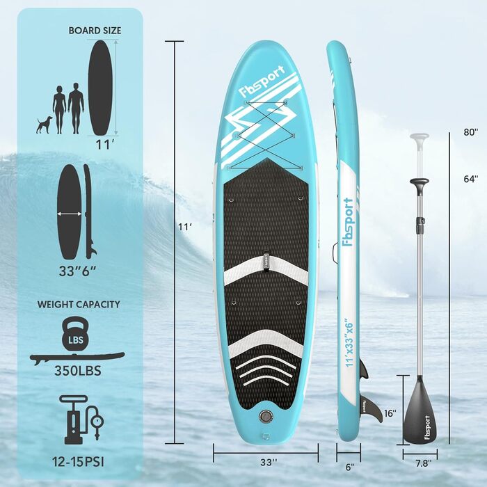 FBSPORT Стендап-борд (SUP) 11 футів Преміум, для йоги з аксесуарами та сумкою | Широка стійка, контроль на хвилях, неслизьке покриття, страховка, весло та насос для юніорів та дорослих (Eisblau)