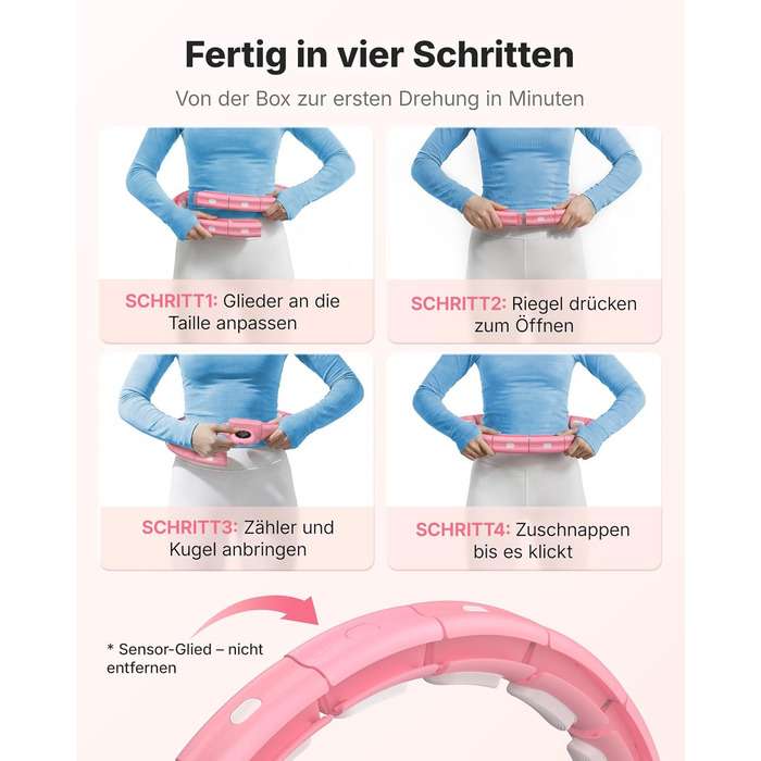 Хула-хуп MERACH з лічильником калорій для дорослих, рожевий. Безшумний, знімний, для талії 84-144 см, для спалювання жиру та кардіотренувань. Ідеальний для домашніх тренувань.