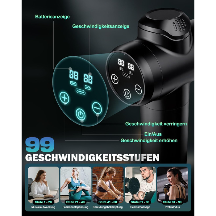 Масажер для м'язів, пістолет для перкусійної масажі, тихий електричний ручний масажер з LCD-екраном, 99 швидкостей, 8 насадок, подарунок для чоловіків/жінок, чорний
