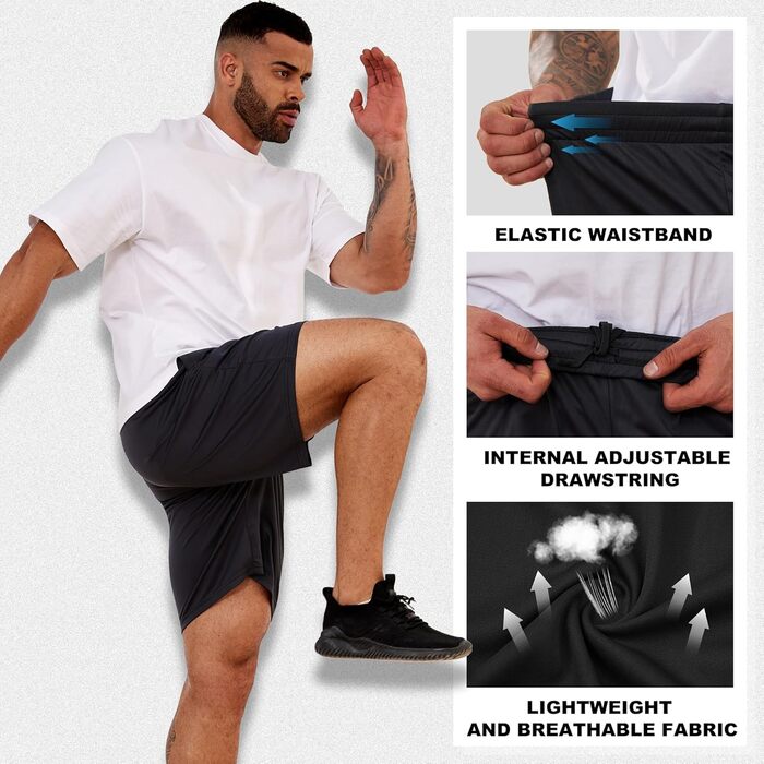 Шорти спортивні чоловічі CE' CERDR для тренувань з кишенями та еластичним поясом, 5 шт. (чорний, темно-сірий, темно-синій, світло-сірий, зелений)