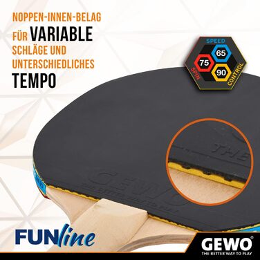 Набір для настільного тенісу GEWO Fun: одиночні або повні комплекти з 1-4 ракетками, м'ячами, сумкою та сіткою. Підходить для початківців, хобі та відпочинку. Покриття Noppen-Innen, ергономічна ручка. Комплектація: 4 ракетки + 10 м'ячів + сумка (2 ракетки