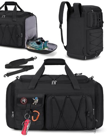 Спортивна сумка RAINSMORE 45L 3-в-1 для фітнесу та подорожей, водонепроникна дорожня сумка з відділенням для взуття та мокрих речей, чорна