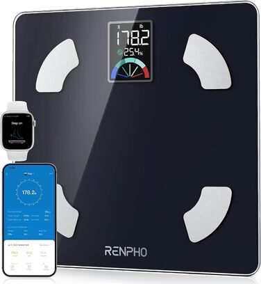 RENPHO розумна вага для аналізу складу тіла, Bluetooth, 13 показників, до 180 кг, велика цифрова панель, чорна