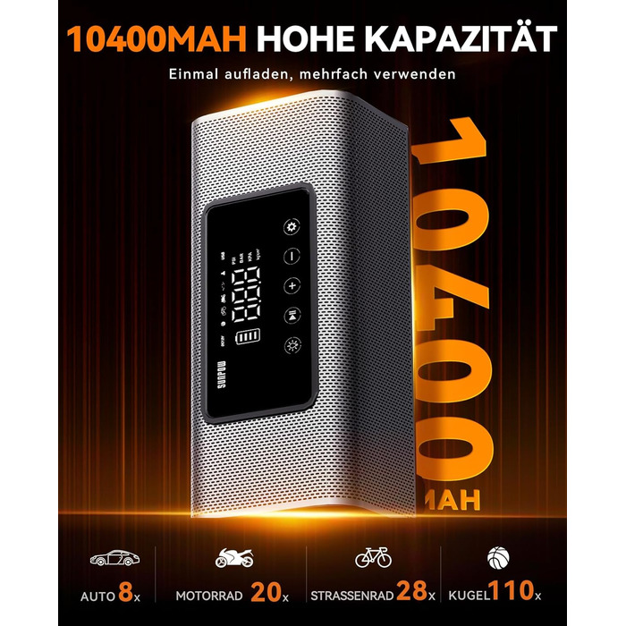 Електричний компресор SUNPOW 150PSI, портативний насос з акумулятором, металевий двоциліндровий, LCD-дисплей, для авто, велосипедів, пікапів і SUV