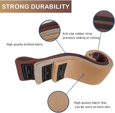 Стрічки опору для фітнесу: набір для тренувань сідниць та тіла. Стрічки для фітнесу з тканини для дому та залу. Колір: бежевий/хакі/коричневий