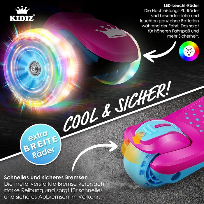 Дитячий самокат KIDIZ X-Pro2 триколісний, складаний, з LED PU колесами, регульована висота, для хлопчиків і дівчаток 3-12 років
