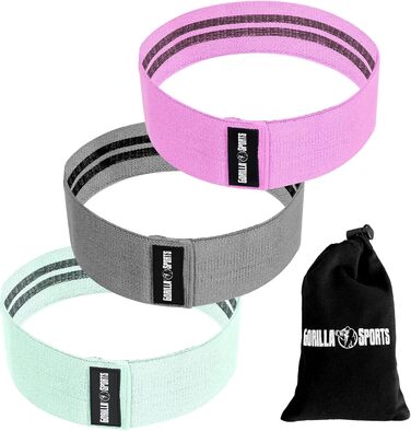 Гума для фітнесу GORILLA SPORTS® - набір 3 шт., з сумкою, 3 рівні опору та кольори, 76 см, нековзна, гумова - еспандер, фітнес-гумка, тренувальний банд, hip bands, йога, тренування ніг