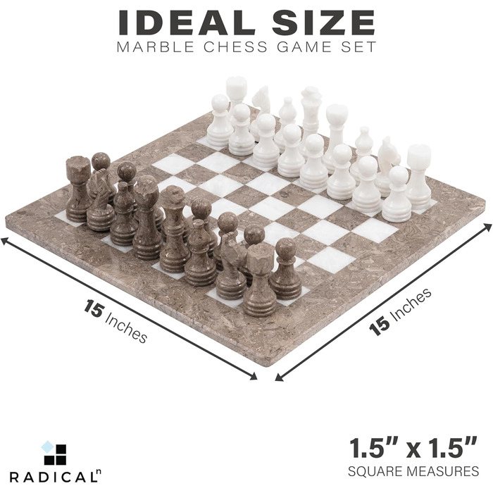 Шаховий набір Radicaln з мармуру, 38.1 см, ручної роботи, сірий та білий, класична гра, для дорослих та сім'ї, розкішні шахові дошки та фігури, подарунок