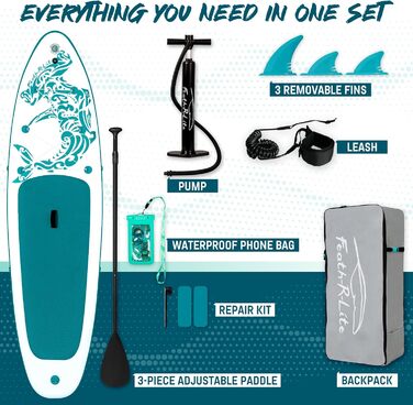 SUP дошка FEATH-R-LITE надувна, 3м, зелено-біла - комплект (весло, насос, рюкзак, ліш, плавники) для початківців та професіоналів