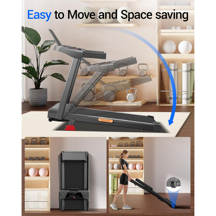 Біговий тренажер UMAY для дому, складаний, 12 км/год, з монітором серцевого ритму, 2.5PS/1800W, 12 програм тренувань, 10% нахил, ефективна амортизація