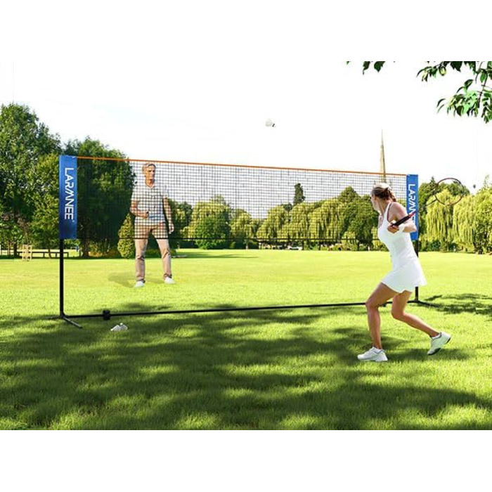 Сітка для бадмінтону, волейболу, тенісу, 5м, регульована висота 107/120/155см, блакитно-помаранчевий колір, для саду, залу, вулиці