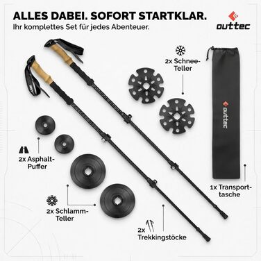 Телескопічні трекінгові палиці для скандинавської ходьби та гірських походів, ультралегкі палиці для Nordic Walking з гумовими наконечниками, регульовані (65-135 см), чорні