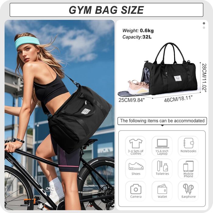 Спортивна сумка HYC00 для жінок та чоловіків, дорожня/гімнастична/йога сумка з відділенням для мокрого одягу та взуття, чорна