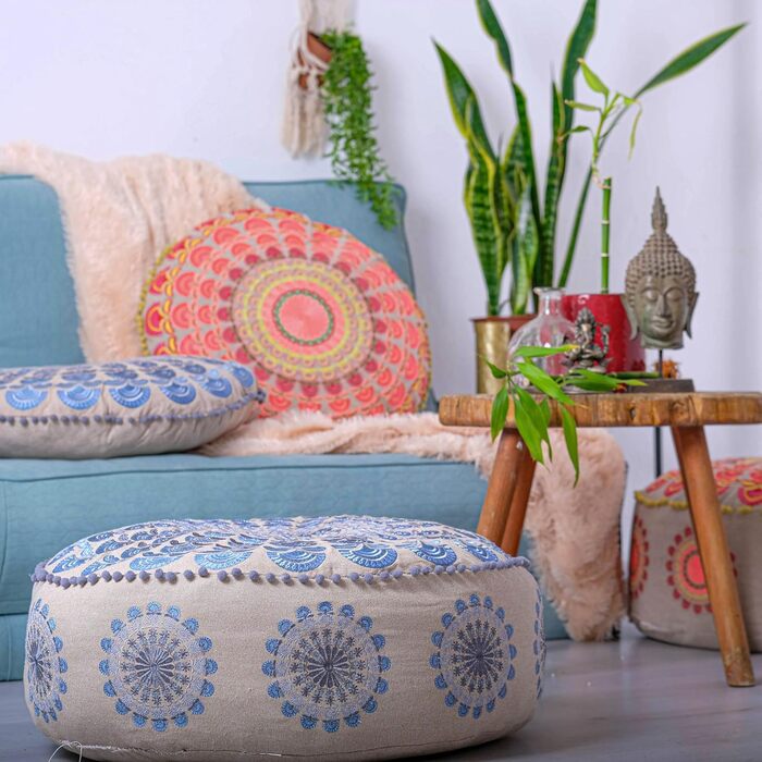 Пуф Mandala Life ART Blauer круглий синій 60x20 см, бавовна, бохо, для дому та тварин, без наповнювача