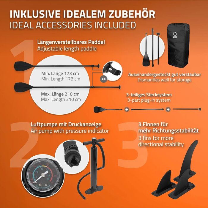 Надувна SUP-дошка ECD Germany Makani 305/308/320/380 см, PVC, до 120/150 кг, товщина 10/15 см, з каяк-сидінням, комплект із сумкою, веслом, для серфінгу та веслування, помаранчева