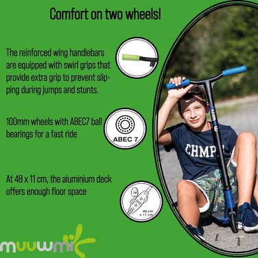 Трюковий самокат muuwmi Freestyle, 100 мм, ABEC 7, посилене кермо Wing, 360° поворот, висота 82,5 см, чорний-зелений