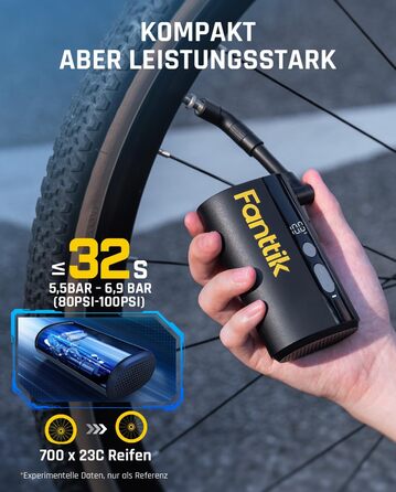 Електрична велосипедна помпа Fanttik X9 Ace Mini, акумуляторна, 150 PSI, швидке накачування, для Presta і Schrader вентилів, підходить для шосейних, гірських, електровелосипедів та міських велосипедів