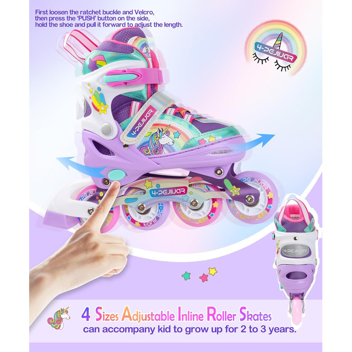 Інлайнери для дівчаток Einhorn: регульовані ролики з підсвічуванням, розмір S (30-33), фіолетовий колір