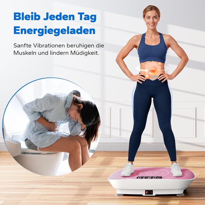 Вібраційна платформа MERACH для формування тіла та розслаблення. Тиха, компактна, з LED-дисплеєм, пульт дистанційного керування та комфортним силіконовим килимком. Рожева