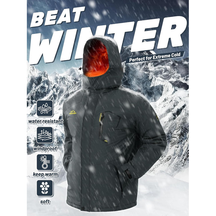 TACVASEN чоловіча зимова водонепроникна вітрозахисна куртка з флісовою підкладкою, для катання на лижах, водонепроникний дощовик з капюшоном, армійного кольору (XXL, вугільно-сірий)