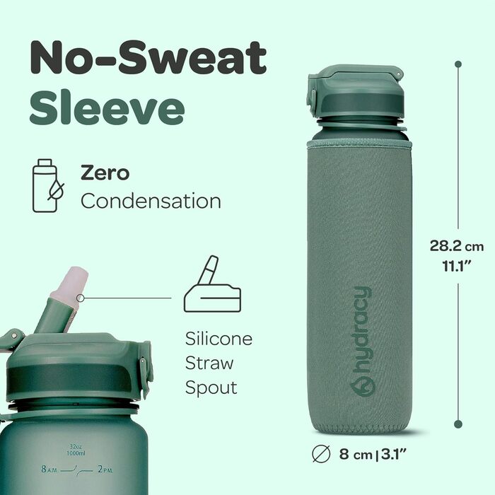 Пляшка для води Hydracy з трубочкою та часовими мітками 1 л, спортивна, без BPA, проти протікання, конденсату, для спорту та активного відпочинку, зелена «Місячне сяйво»