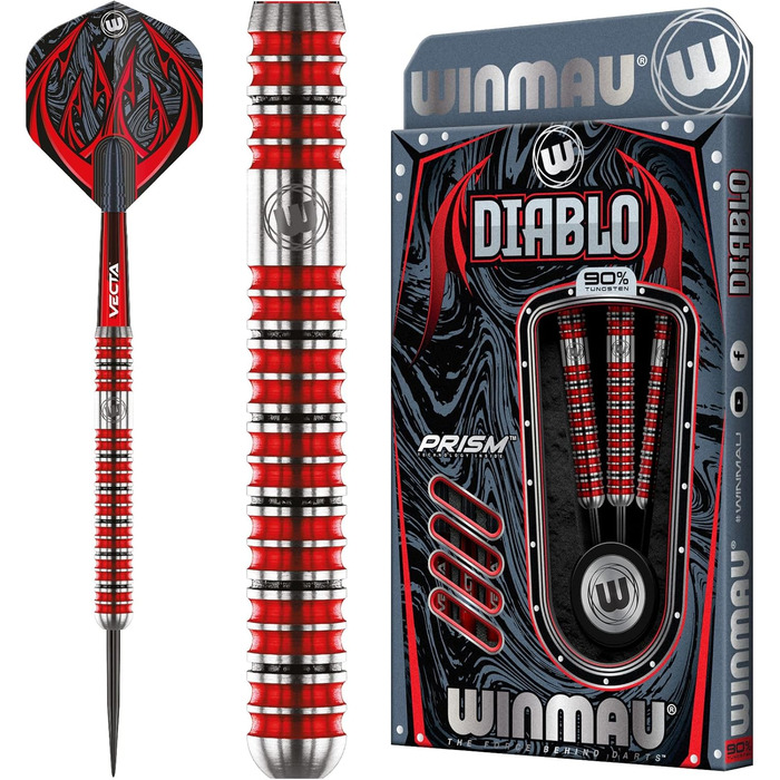 Дротики для дартсу WINMAU Diablo 25 г, сталевий наконечник, вольфрам, з крилами та стрижнями, професійні, паралельна форма