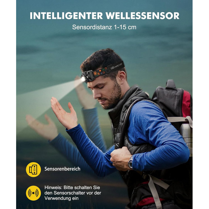 LED налобний ліхтар з акумулятором, [надзвичайно яскравий] з датчиком та червоним світлом, 6 режимів освітлення & IPX4 водонепроникність, 2000mAh, тривалий час роботи, для кемпінгу, риболовлі, походів, нічного бігу