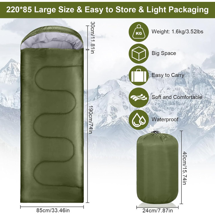 Спальний мішок Grüner, 220x85 см, водонепроникний, 3 сезони, 1.6 кг, для внутрішнього та зовнішнього використання
