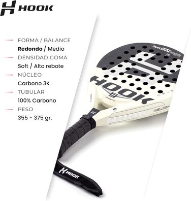 Падель ракетка Hook Platinum White Art для унісекс, 355/365 г, 100% карбон, контроль, EVA, середній баланс, Sand-Touch, кругла