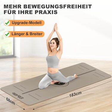 Килимок для йоги та пілатеса з еко-каучуку та TPE, протиковзкий з лініями розмітки, бежевий, 4мм, з ременем для перенесення