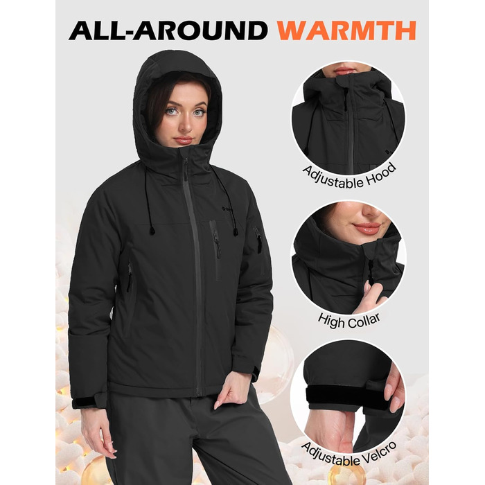 Жіноча лижна куртка GEMYSE з інтегрованими плечовими ременями. Тепла водонепроникна вітронепроникна куртка-сніжинка для активного відпочинку (M, Чорний)