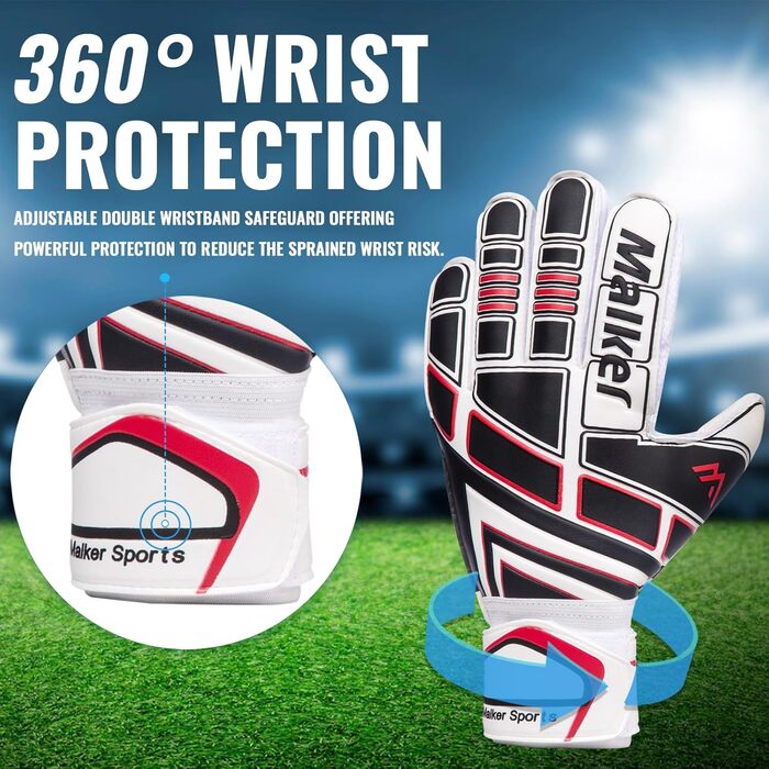 Футбольні воротарські рукавички Malker з захистом пальців, для дорослих, молоді та дітей, з міцним зчепленням, протиковзкі, чорно-білі, розмір 6