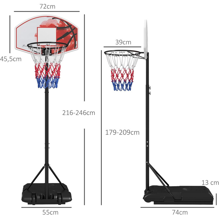 Баскетбольний кошик SPORTNOW з підставкою, регульована висота 179-209 см, сталевий, на колесах, для вулиці, багатокольоровий